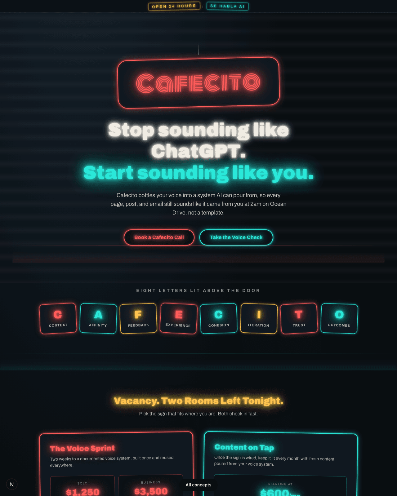 The CAFECITO homepage rendered in the Neon Nocturno design: Ocean Drive at 2am. Every section is a different neon storefront sign; the bad options are burnt out.